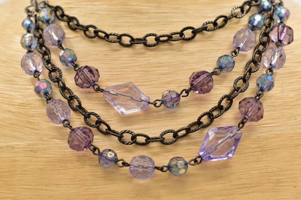 2028 Vintage Necklace Crystal Beaded Collar Purple Gunmetal Signed 1990s BinBD